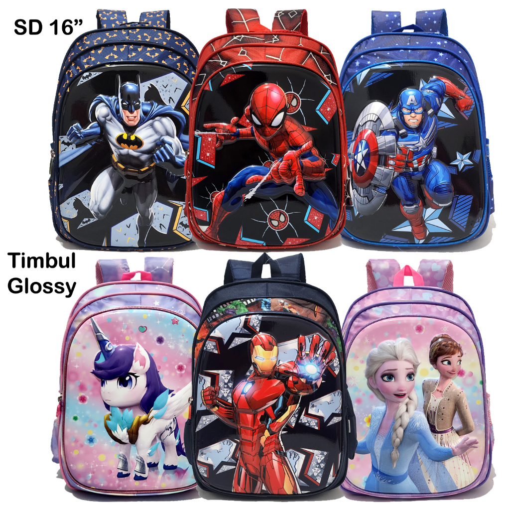 Glossy SD/TK  Tas Anak Laki Laki Ransel Sekolah Cowok Superhero Spiderman Batman Captain