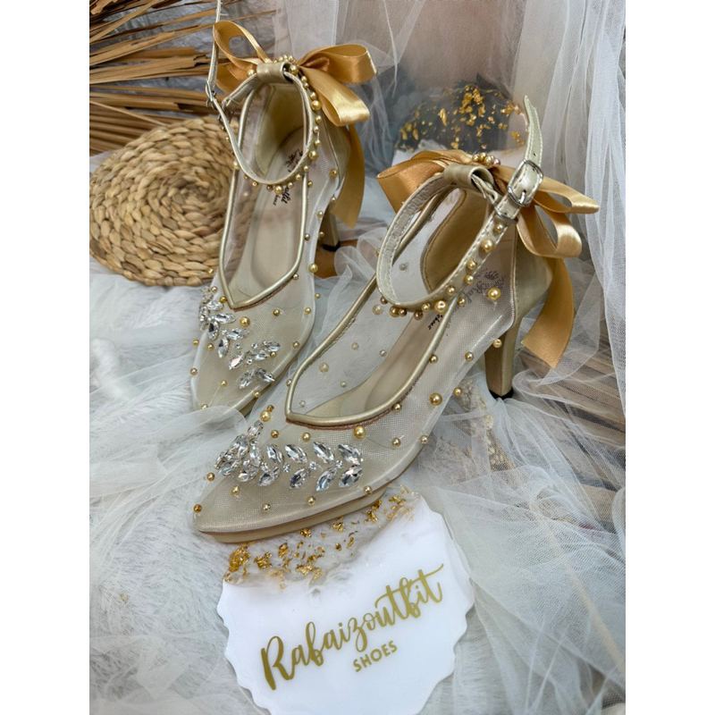 sepatu wedding gold pita 9cm stiletto