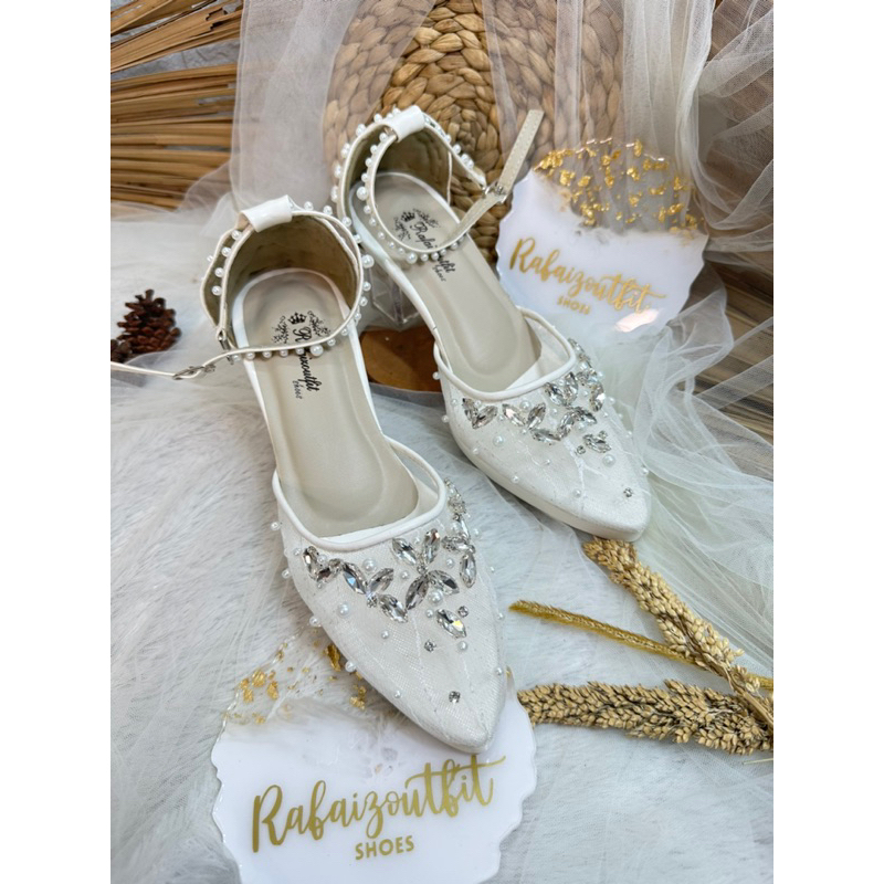 sepatu pesta Manda wedding putih 7cm kaca