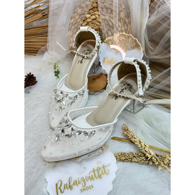 sepatu pesta Manda wedding putih 7cm kaca