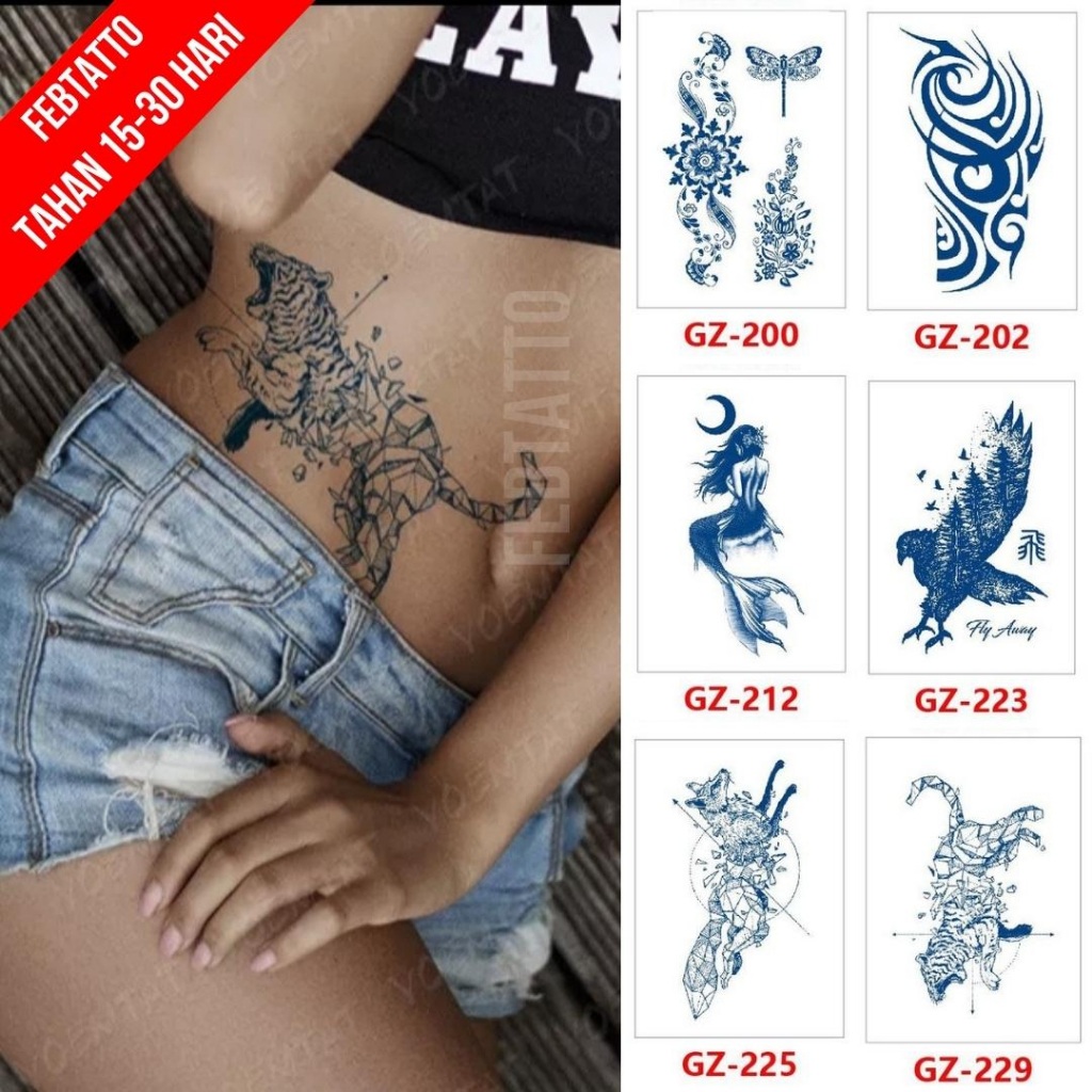 Tato Semi Pemanent Tahan 1 Bulan Ukuran 11cmx18cmTato Lengan Tato Dada Tato tangan Tato Kaki Tato Punggung Tato Jari  Motif Aesthetic Tatto Temporary Stiker Tato Halal Grosir Tato air motif bunga, tribal, putri duyung, burung, serigala, harimau GZ 229