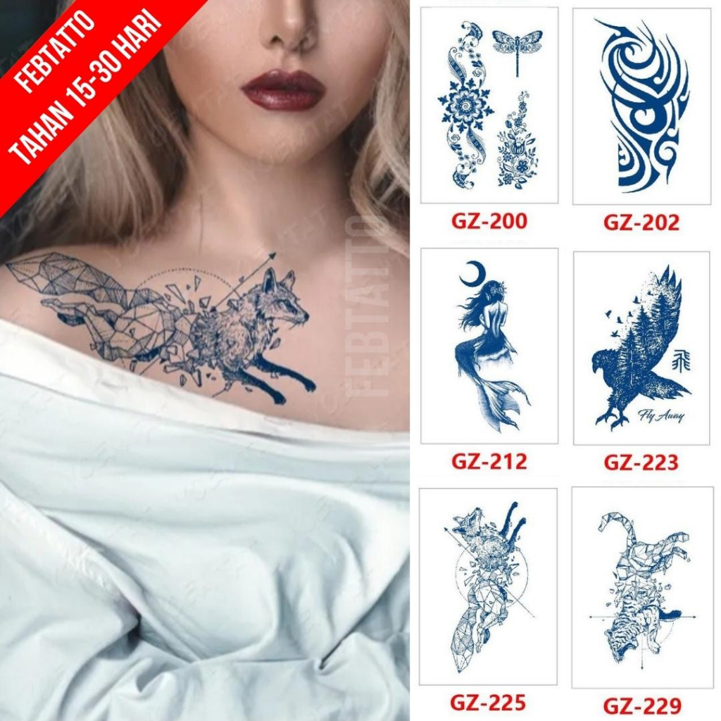 Tato Semi Pemanent Tahan 1 Bulan Ukuran 11cmx18cmTato Lengan Tato Dada Tato tangan Tato Kaki Tato Punggung Tato Jari  Motif Aesthetic Tatto Temporary Stiker Tato Halal Grosir Tato air motif bunga, tribal, putri duyung, burung, serigala, harimau GZ 225