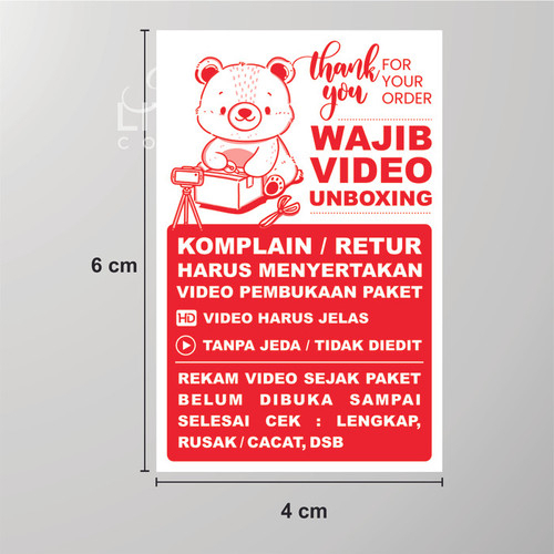 STICKER WAJIB VIDEO UNBOXING - RED (isi 100) uk. 4 x 6 cm - BEAR RED UNBOXING