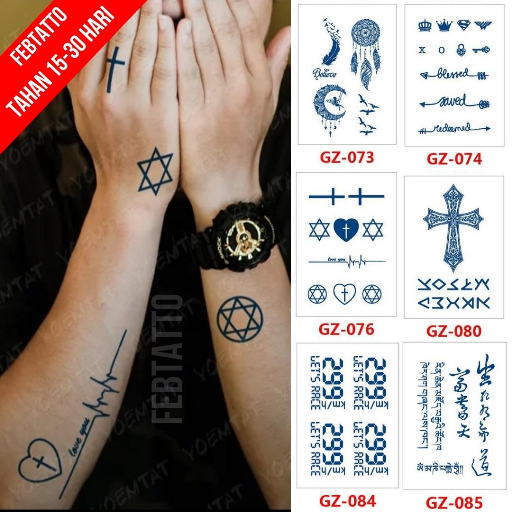 Tato Semi Pemanent Tahan 1 Bulan Ukuran 11cmx18cmTato Lengan Tato Dada Tato tangan Tato Kaki Tato Punggung Tato Jari  Motif Aesthetic Tatto Temporary Stiker Tato Halal Grosir Tato air motif dream catcher, panah, salib, angka, tulisan aksara GZ 076