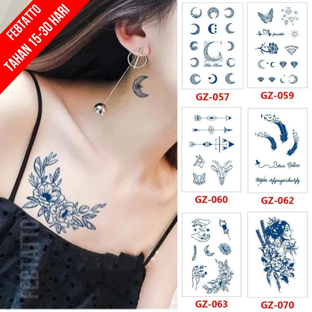 Tato Semi Pemanent Tahan 1 Bulan Ukuran 11cmx18cm Tato Lengan Tato Dada Tato tangan Tato Kaki Tato Punggung Tato Jari  Motif Aesthetic Tatto Temporary Stiker Tato Halal Grosir Tato air motif bulan, diamond, panah, bulu, tulisan, bunga, ghesia GZ 063