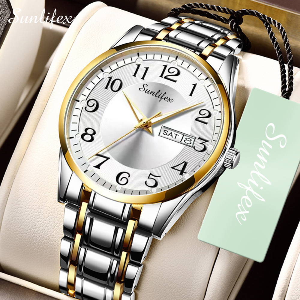Sunlifex Jam Tangan Pria Anti Air Kuarsa Kalender Tali Stainless Steel Santai Mode Jam Tangan Cowok-GoldWhite