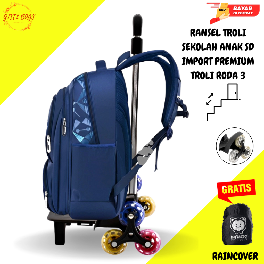 Tas troli dorong roda 3/roda 6 gagang 2 tas sekolah anak laki laki sd remaja import polos simple bisa buka full