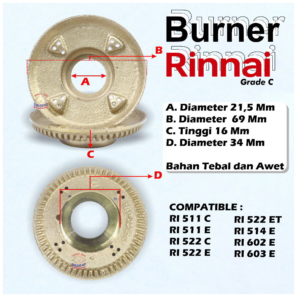 BURNER BARNER KUNINGAN RING RINAI | KOMPOR RINNAI ORIGINAL TIPE 511 , 522 , 514 , 602, 603 etc