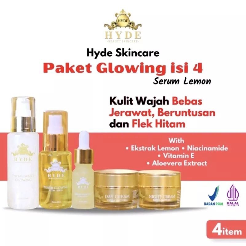 HYDE BEAUTY SKINCARE PAKET ISI 4 SERUM LEMON HYDE BEAUTY SKINCARE FACIAL WASH+SERUM LEMON+CREAM SIANG+CREAM MALAM