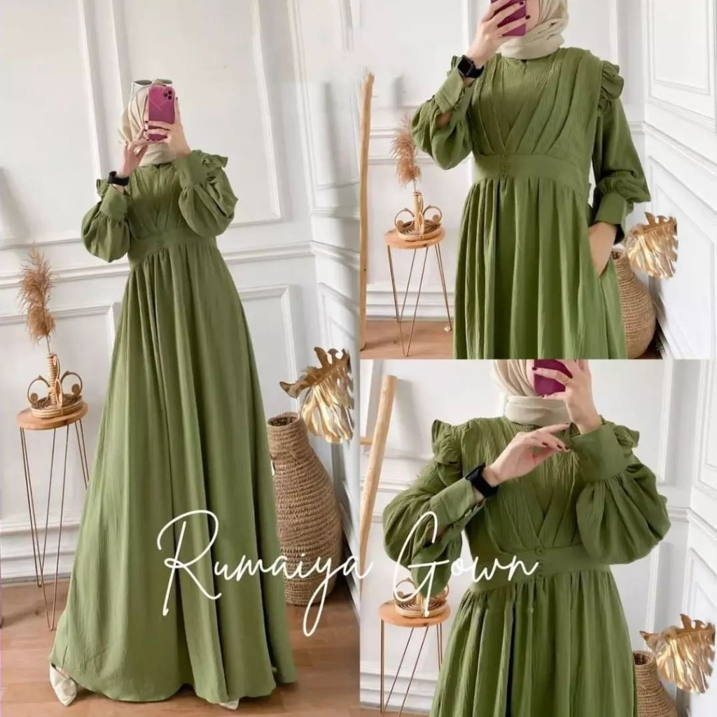 Gamis Rumaiya Crinkle Airflow Premium / Gamis Wanita Dewasa Warna Sage Green