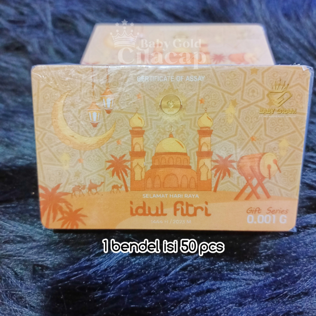 Souvenir Kado THR Idul Fitri Emas 0,001gr Logam Mulia 24 Karat isi 50pcs