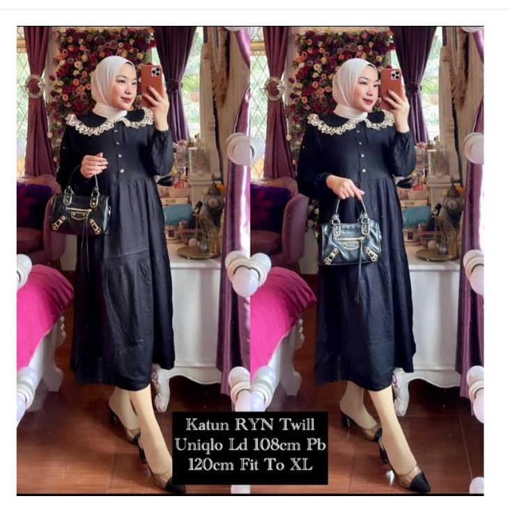 idi Dress Hitam Kerah Renda Muslim Korean Style Rayon Twill Premium Polos Ld 110