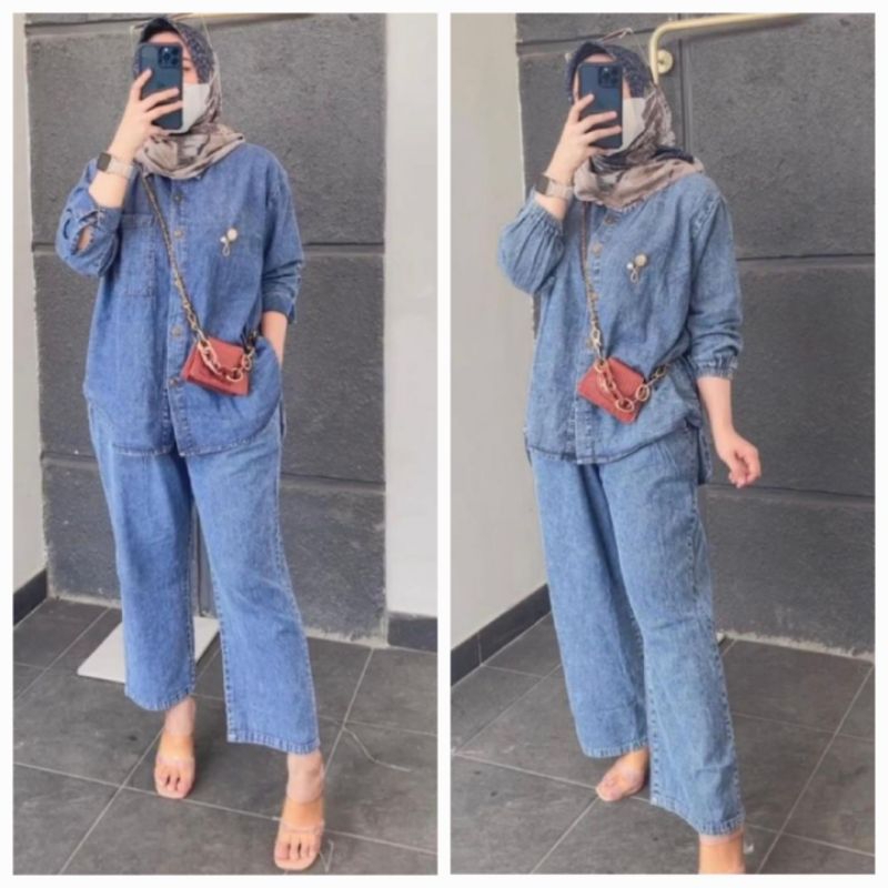One Set Jeans wash atasan full kancing