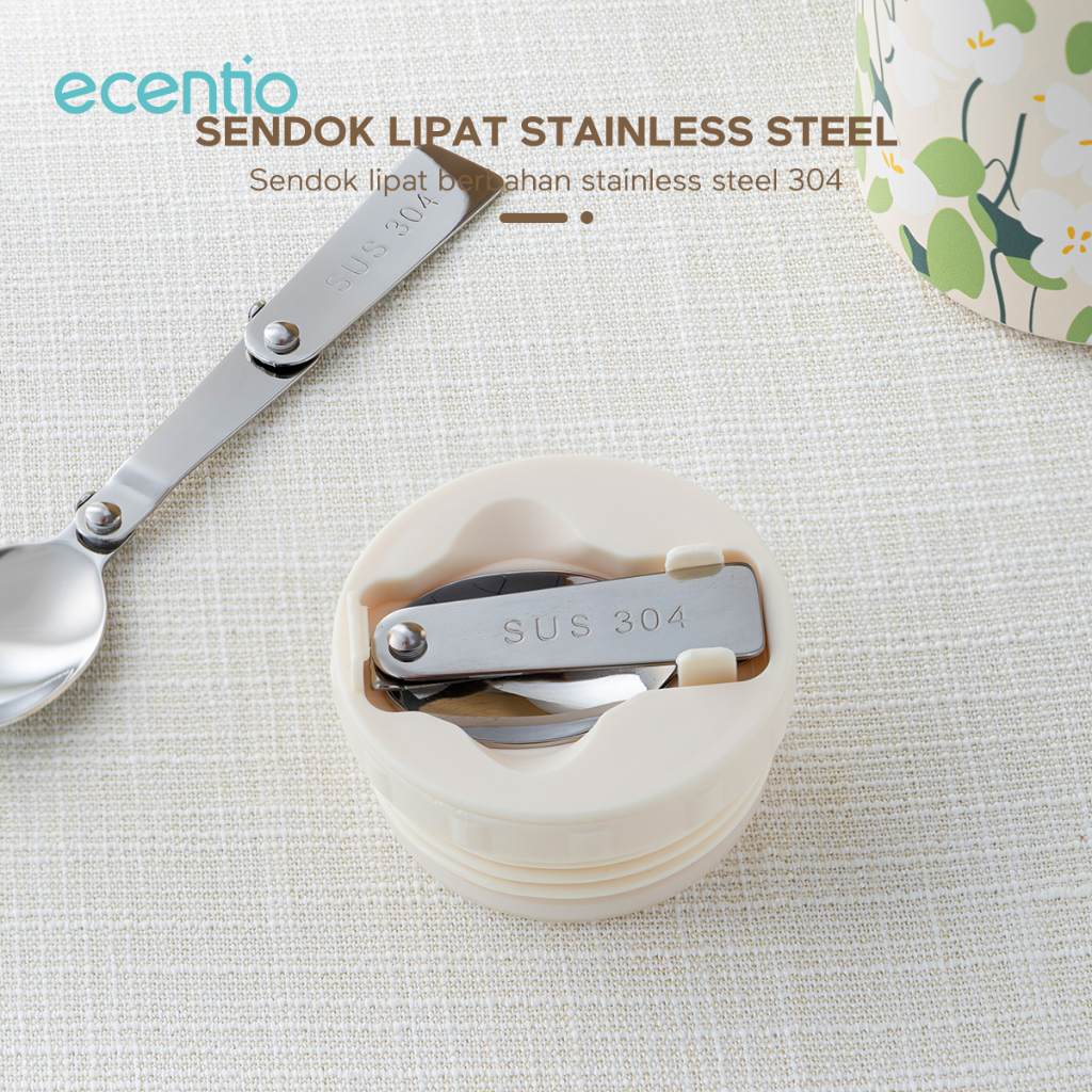 ecentio &amp; FOODI Termos Makanan food jar TAHAN 24hrs stainless 500ml termos air panas anti tumpah portable dan Sendok lipat berbahan stainless Green Wispers seri