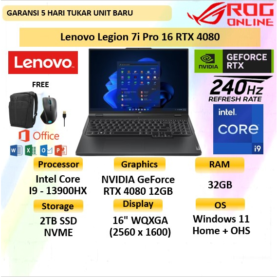 Lenovo Legion 7i Pro 16 RTX 4080 Core i9 13900HX 32GB 2TB SSD Windows 11 Home + OHS 16.0" WQXGA 240Hz PKRGB - Laptop Gaming Lenovo Terbaru