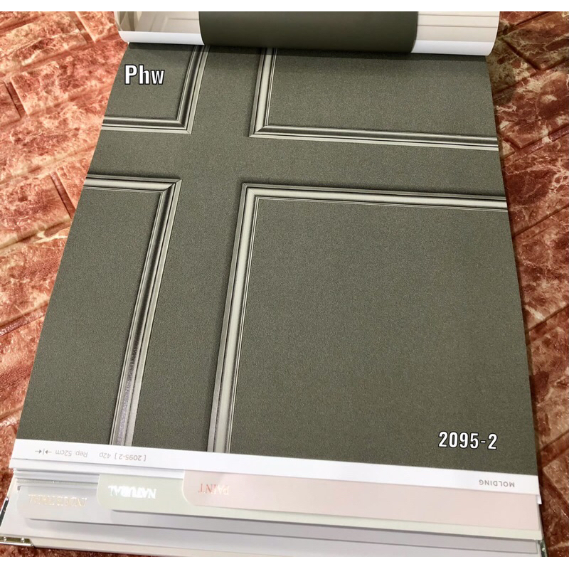 WALLPAPER DINDING MOTIF POLOS LIST MOULDING HIJAU PUTIH ER2