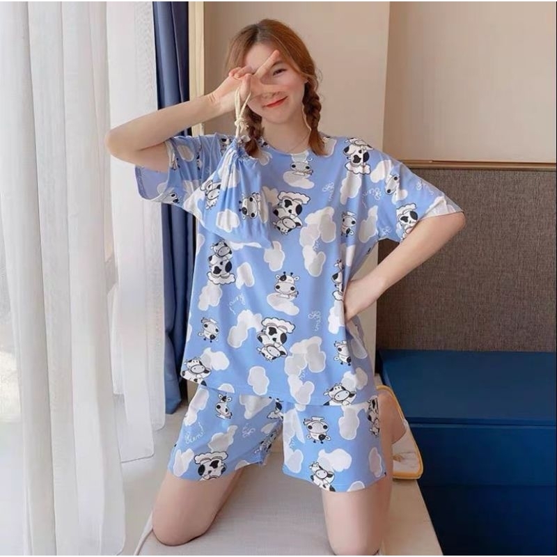 MDLV ~ Baju Tidur Set Cow Blue Hotpants Katun