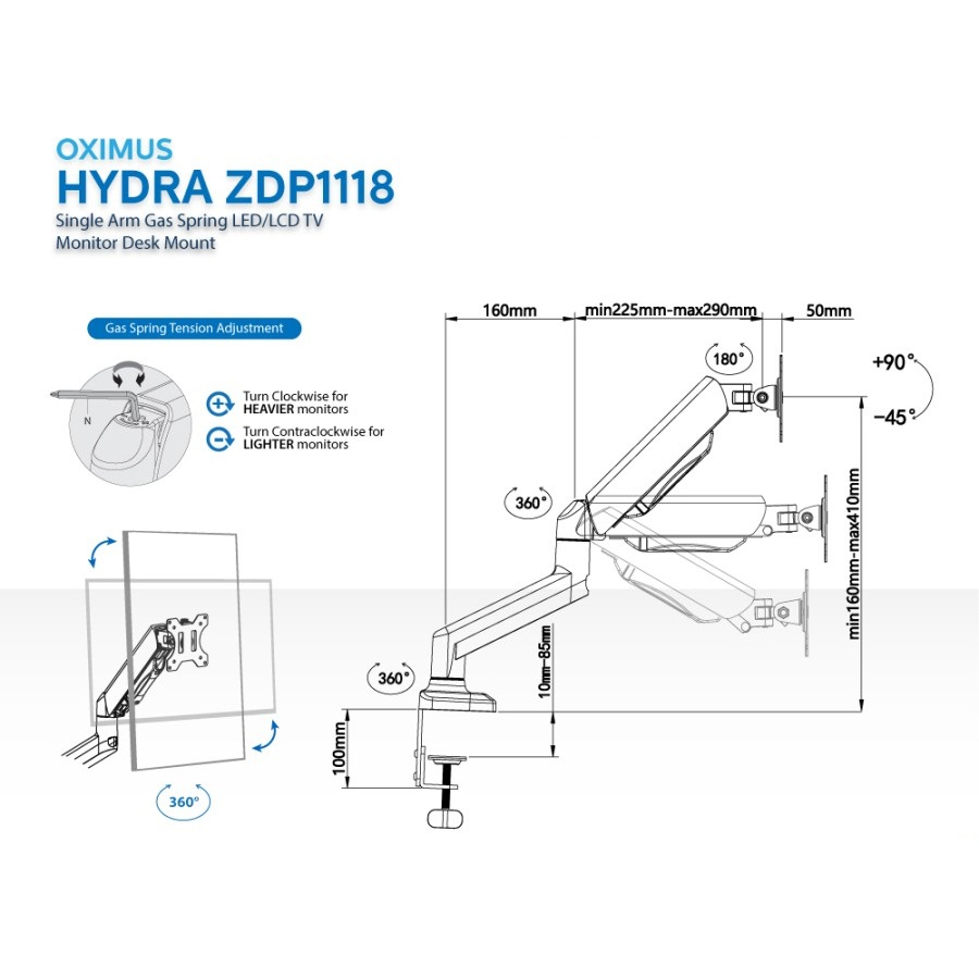 OXIMUS ZDP1118 Bracket TV Monitor LED LCD Gas Spring Tilt Swivel