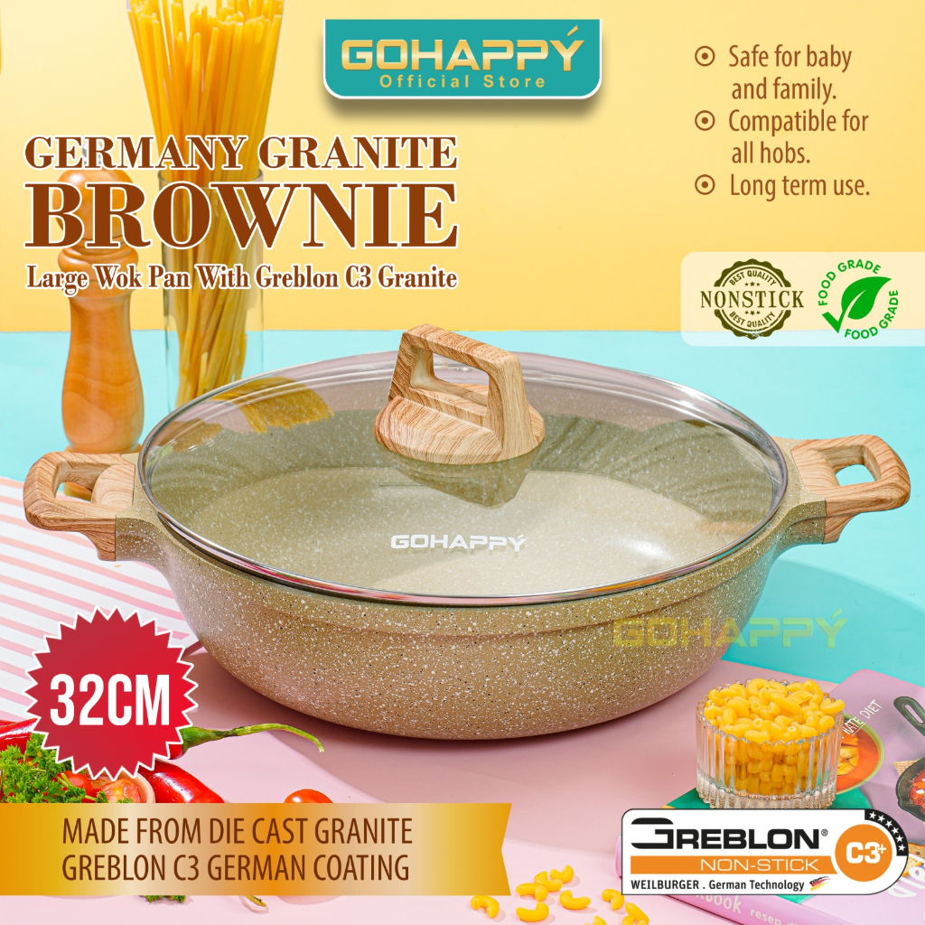 PANCI WOK PAN GREBLON Brownie 32 cm Technology die cast/kuat GOHAPPY GERMANY GRANITE TERBAIK