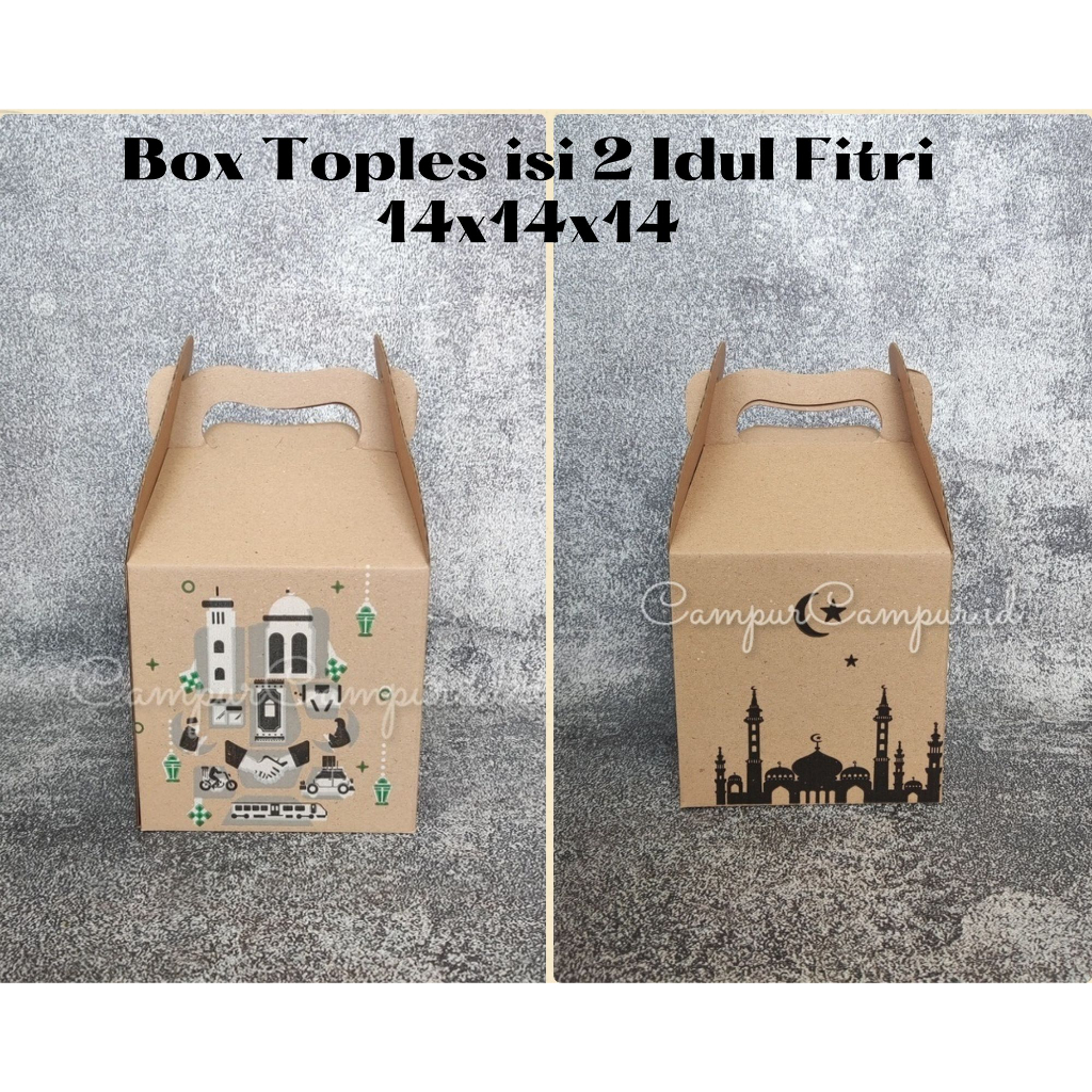 

Box Hamper Idul Fitri Gable Box Kardus Eflute Jinjing untuk Toples isi 2 14x14x14 Box Kue Kering Hampers