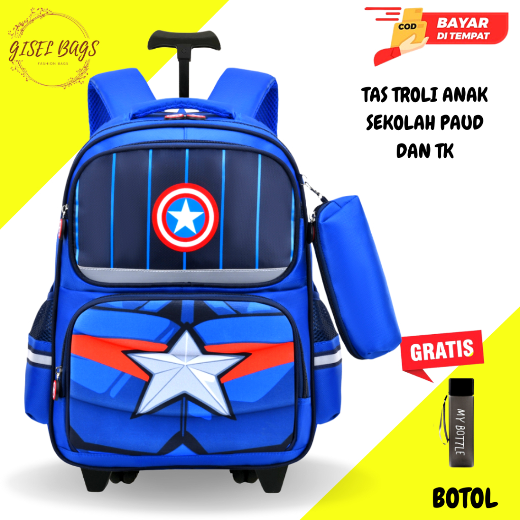 giselbags SALE Tas troli anak laki laki TK import gambar karakter superhero timbul 3D TERMURAH