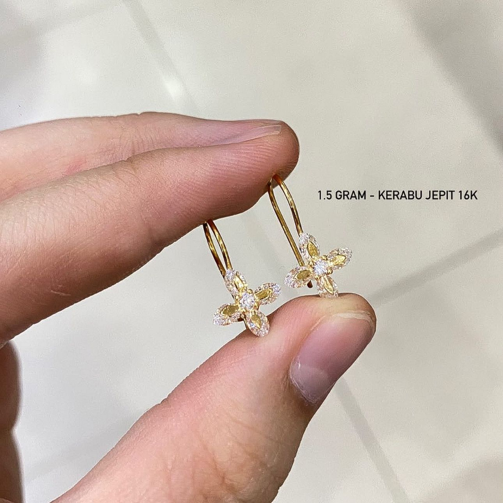 Anting desi anak dan dewasa emas asli kadar 70 16k amero solitaire diamond look bintang bunga giwang kerabu gantung drop