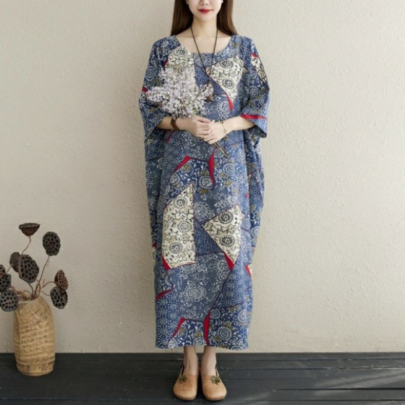 79007 Baju maxidress longdress LOOSE HOMEWEAR MAXI DRESS lengan pendek dres Korea Korean style biru 