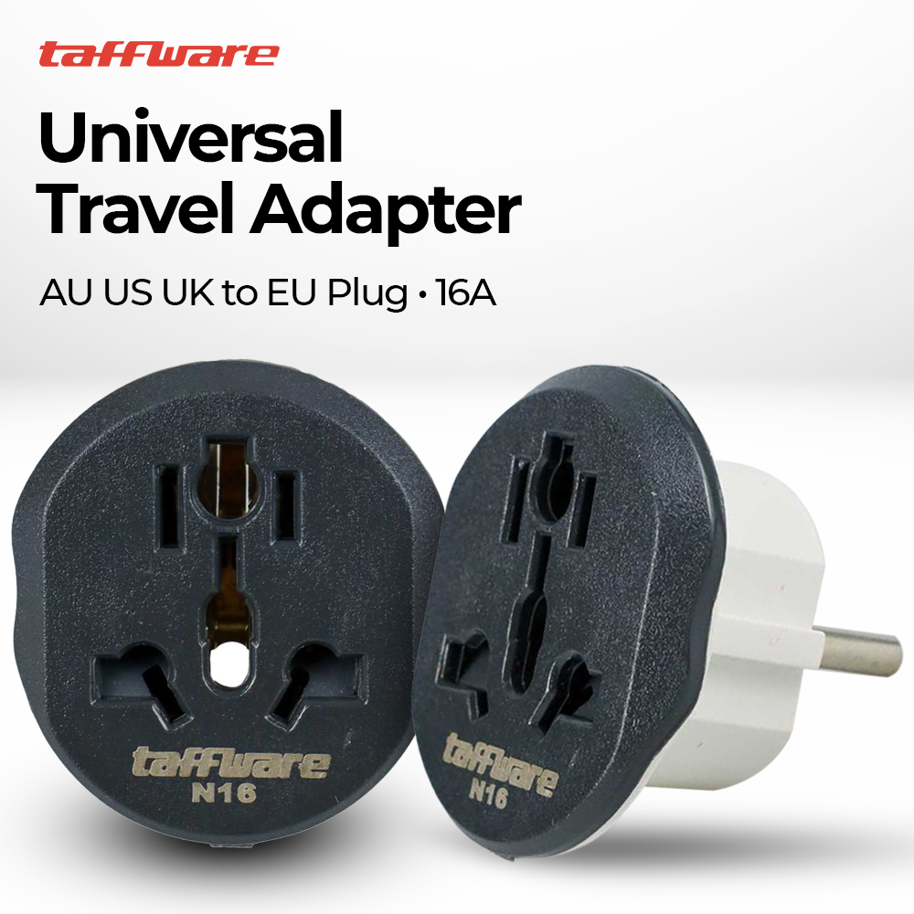 Taffware Loop Universal Travel Adapter AU US UK to EU Plug 16A - N16 - Black