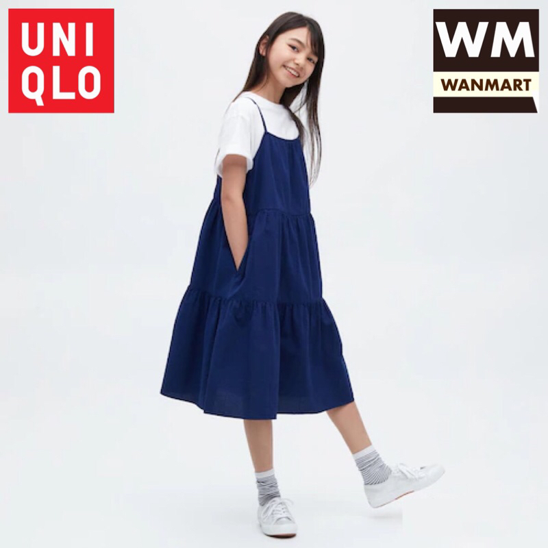 UNIQLO Kids Girls Dress Gaun Kamisol Seersucker Anak Perempuan Blue