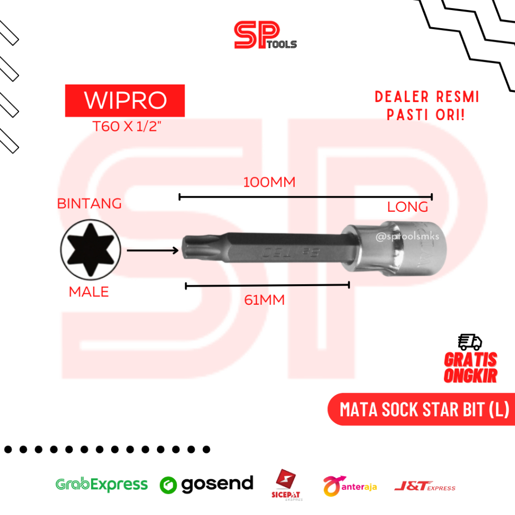 MATA KUNCI SOCK SHOCK SOK L BINTANG STAR BIT LONG PANJANG T60 X 1/2" WIPRO