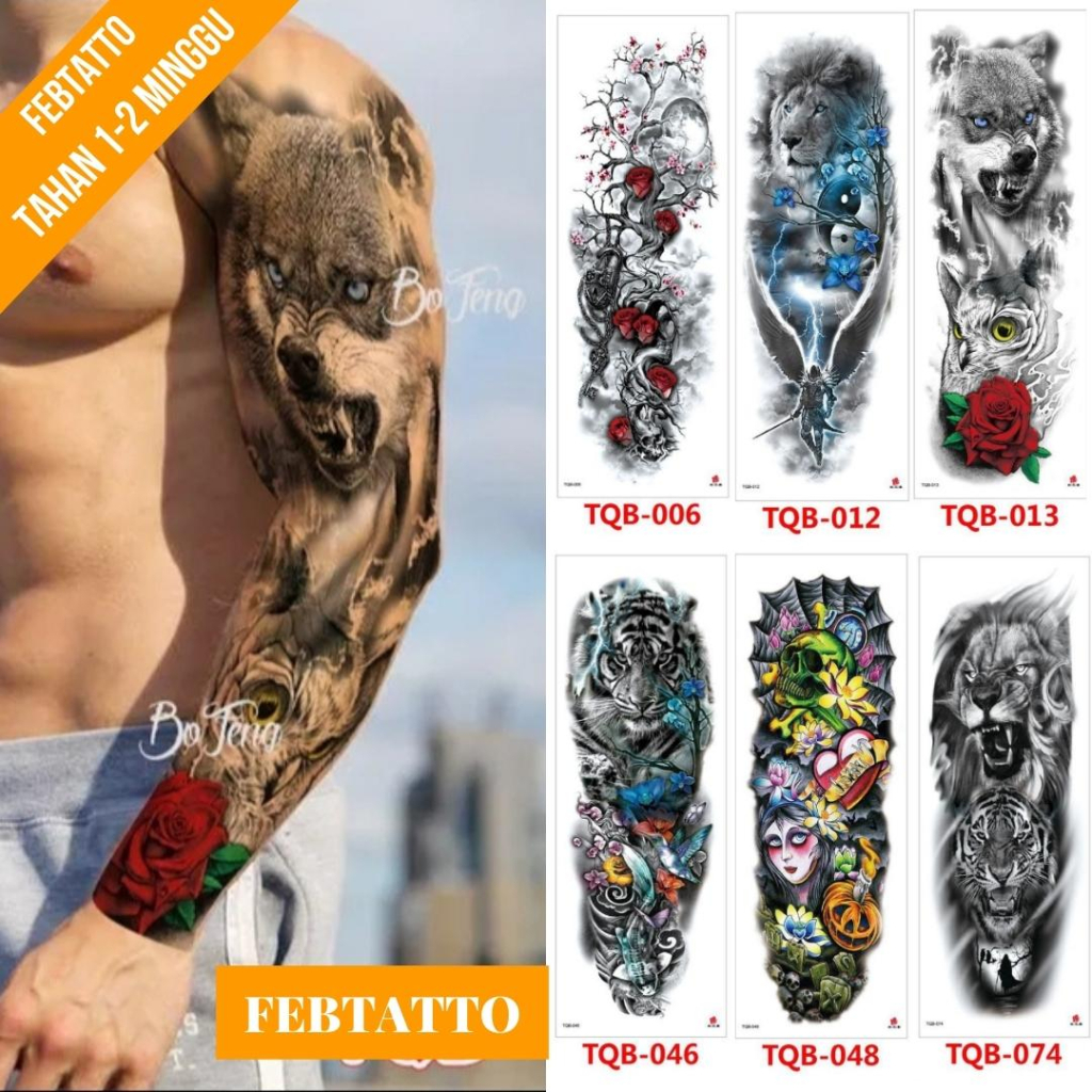 Tato Temporer Full Lengan Ukuran 17cm x 48cm Motif Srigala Burung Hantu Bunga TQB 013 Tato Lengan Ta