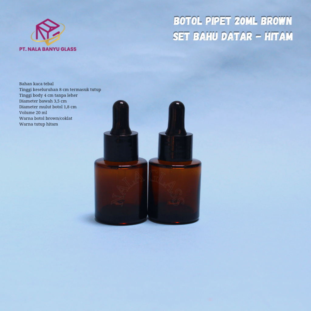 botol pipet kaca amber 20ml bahu datar/botol serum 20ml coklat