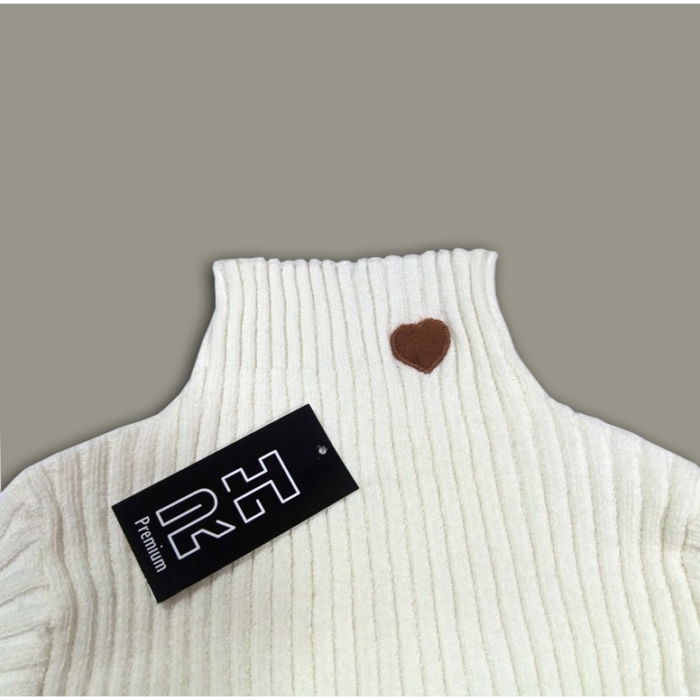 RH - Baju rajut sweater turtleneck wanita salur bordiran LOVE Broken White atasan spandek lembut tebal