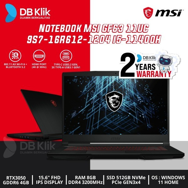 Notebook MSI GF63 11UC 9S7-16R612-1204 i5-11400H 8/512GB RTX3050 WIN11