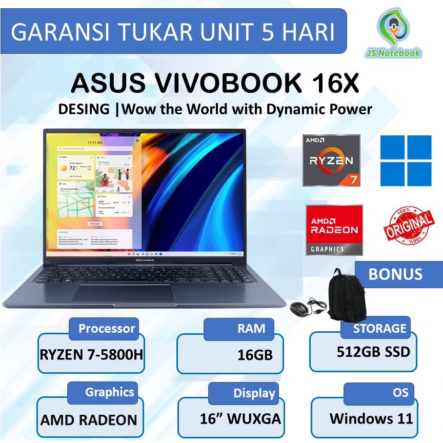 ASUS VIVOBOOK 16X M1603QA RYZEN 7-5800H 16GB 512SSD WIN11+OHS 16"WUXGA