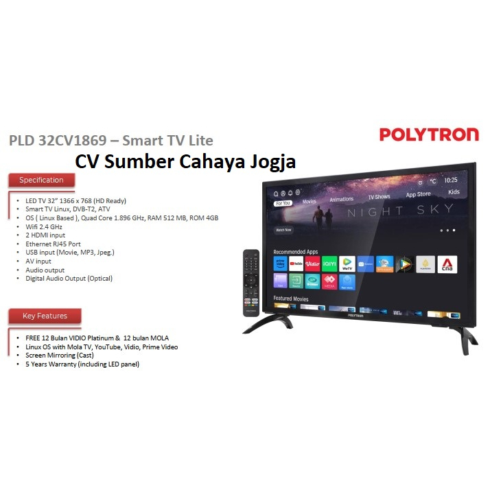 Polytron LED Smart TV 32&quot; Youtube Mirroring Vidio PLD 32CV1869 Digital