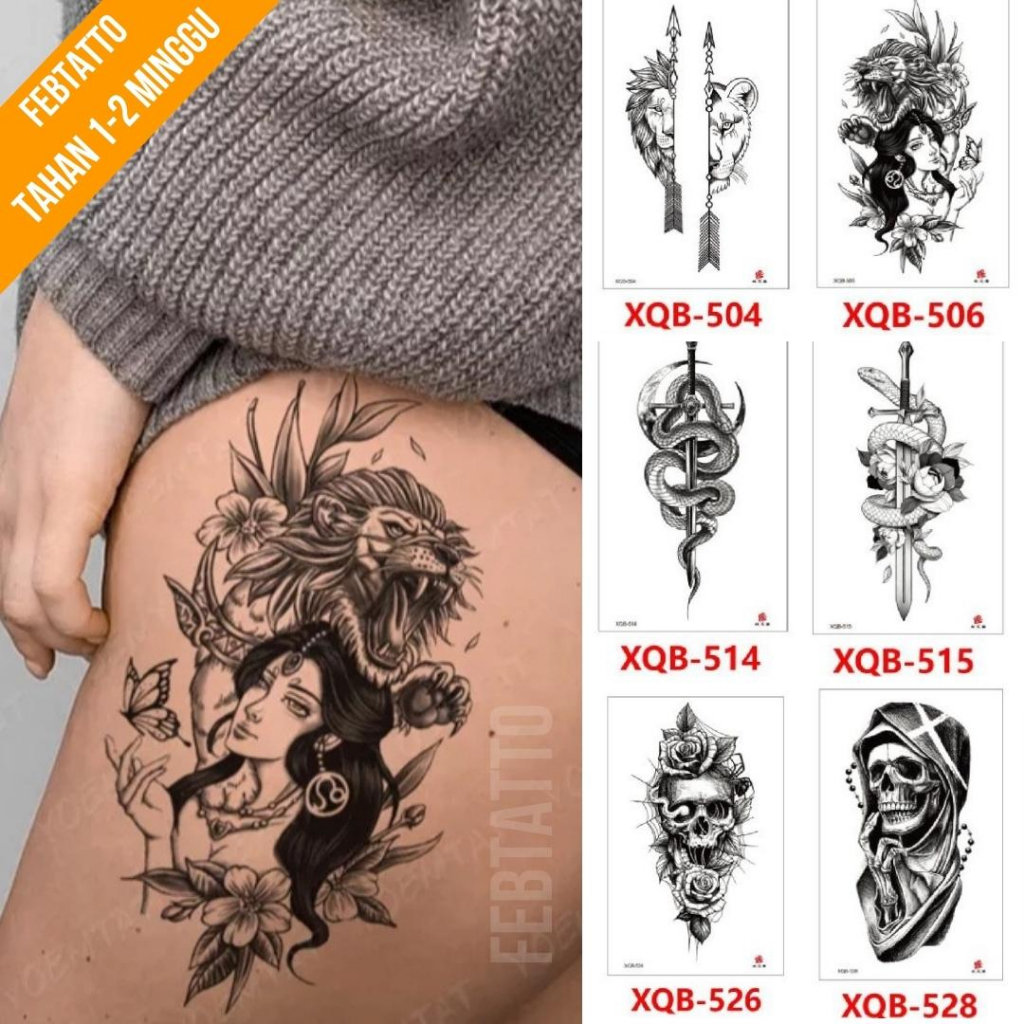 Tato Temporer Ukuran 21cmx11cm Tato Lengan Tato Dada Tato tangan Tato Kaki Tato Punggung Tato Jari  Motif Aesthetic Tatto Temporary Stiker Tato Halal Grosir Tato air motif singa, perempuan, ular, tengkorak XQB 506