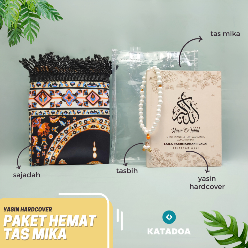 Hampers Buku Yasin Hardcover Kemas Tas Mika, Dilengkapi dengan Sajadah, Tasbih Mutiara Untuk Yasinan