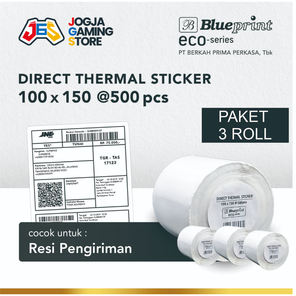 

KERTAS THERMAL STIKER LABEL ONLINE 100x150 BLUEPRINT ECO @500 - 3 Roll