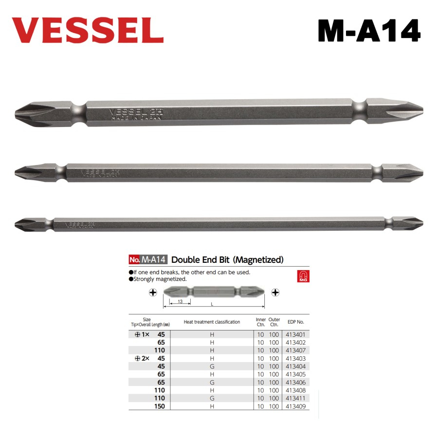 Double End Bit (Magnetized) Vessel M-A14 - Mata Obeng Angin Magnet