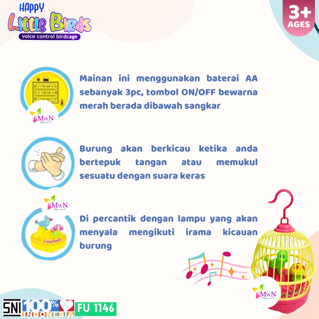 MWN Mainan Happy Bird Burung Voice Control Birdcage No.FU1146