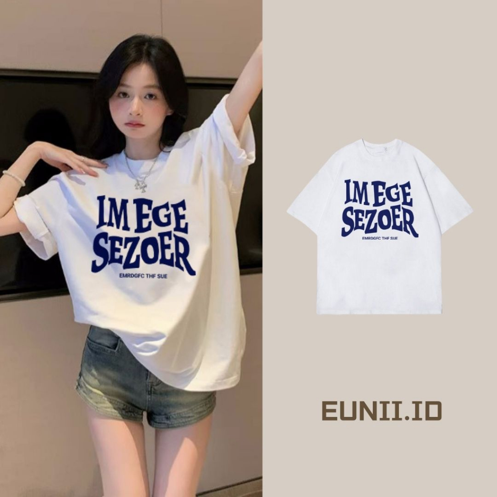 EUNII T-shirt Lengan Pendek Retro Biru English Korean Style/Kaos Atasan Wanita/Baju Kaus Oversize Wanita/Kaos Wanita