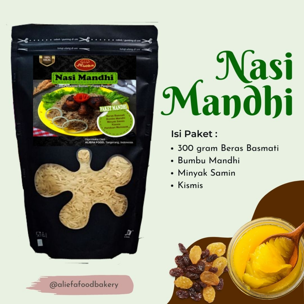 

Nasi Mandhi/Mandi Aliefa 300g | Beras, Bumbu, Minyak Samin, Kismis.