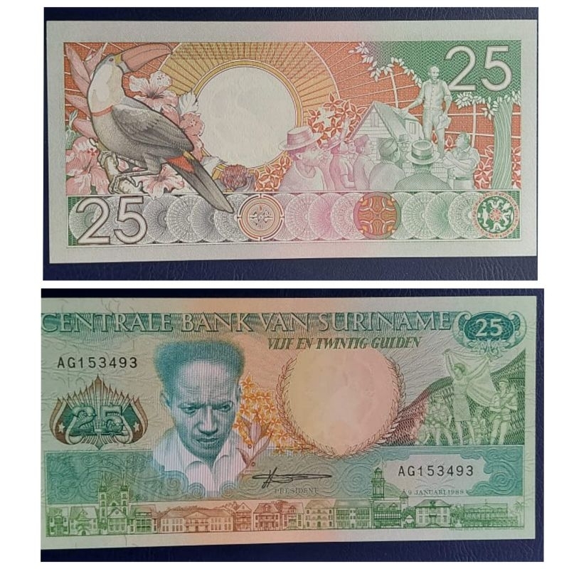 Uang Negara Suriname 25 Gulden 1988 Kondisi UNC GRESS Mulus 100% Original