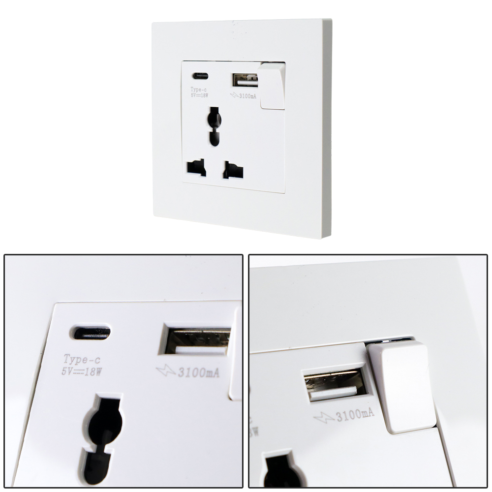 Stopkontak Dinding UK 2 Port USB Type-C Socket with Switch - SR3 - White