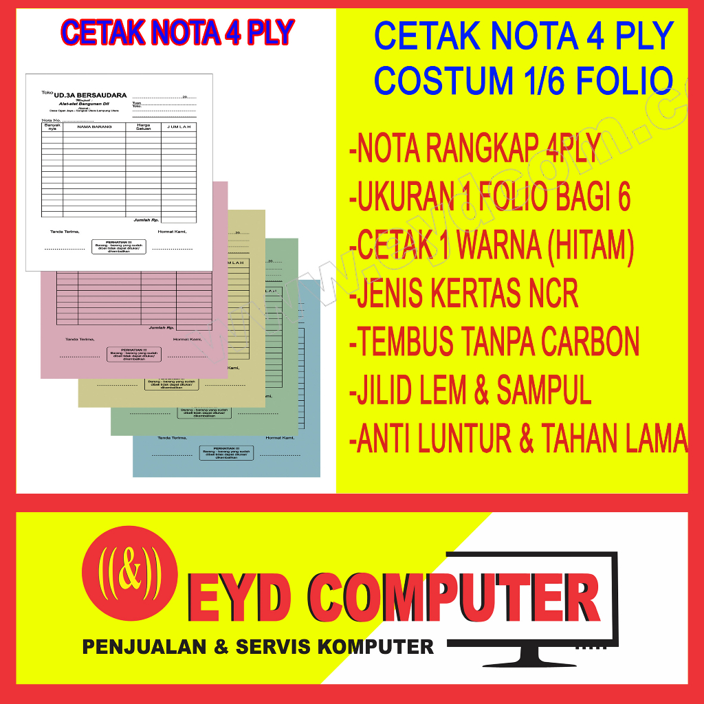 

CETAK NOTA 4 PLY 1 FOLIO BAGI 6 KERTAS NCR COSTUM ISI RANGKAP CEK BON KWITANSI SURAT JALAN