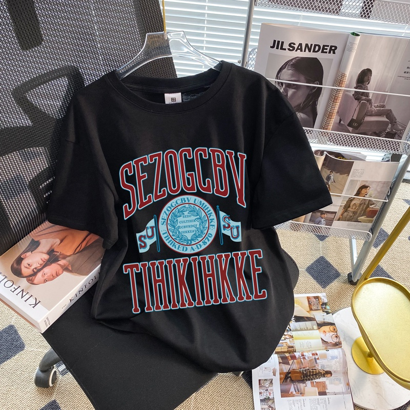 American Retro Baju Kaos Wanita Lengan Pendek Letter Motif Printed Kaos Hitam Oversize Kekinian Kaos Basic