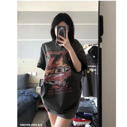 Vintage Kaos Washed hitam Oversize Wanita Lengan Pendek Car Motif Printed T-shirt Import Kaos Couple