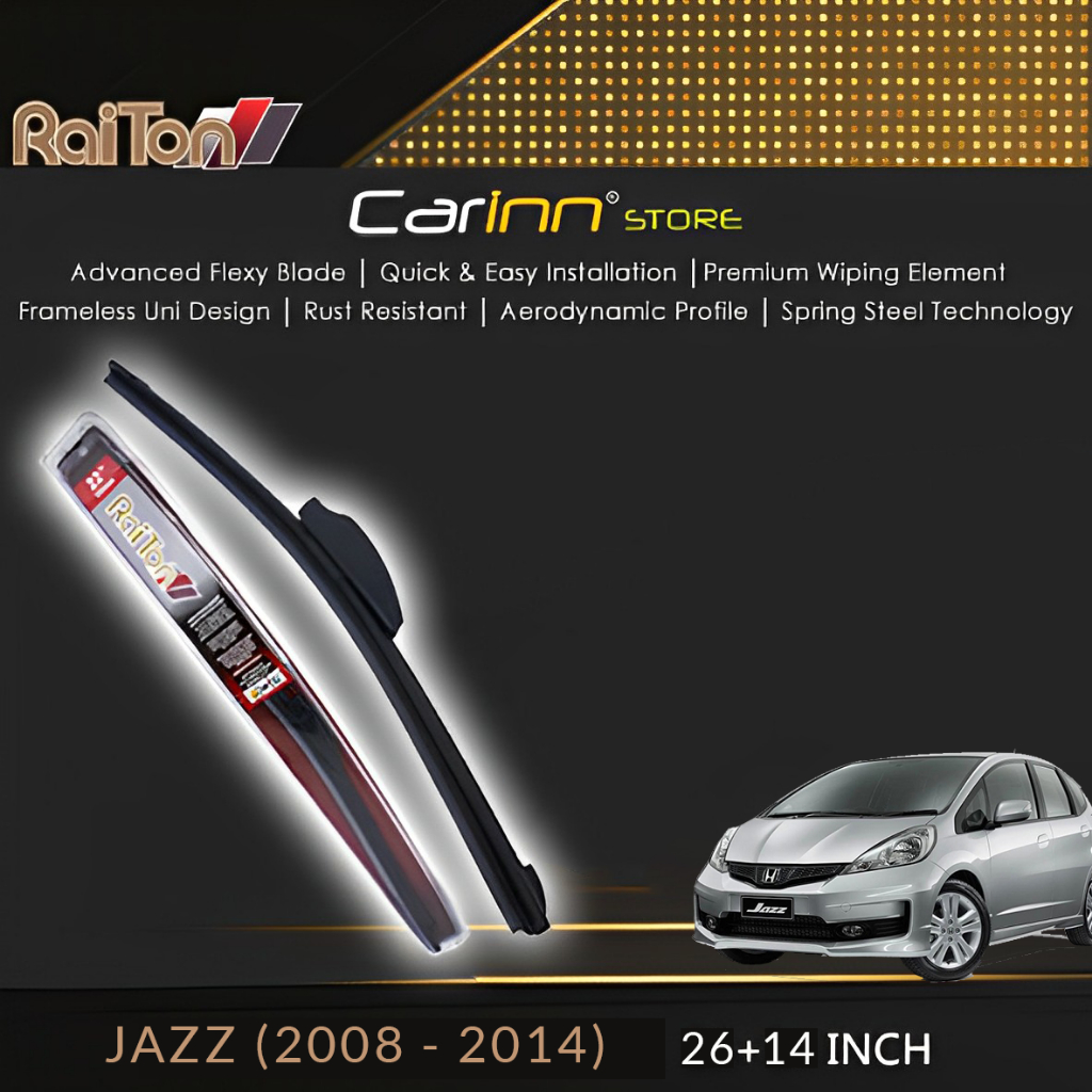 Raiton Sepasang Wiper Frameless Full Karet Kaca Depan Honda Jazz GE8 2008-2014 26" & 14" -2 Pcs