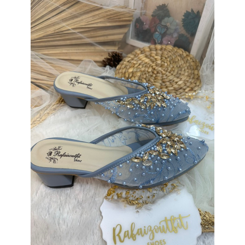 sepatu wedding dhara iceblue diamont gold 5cm chunky